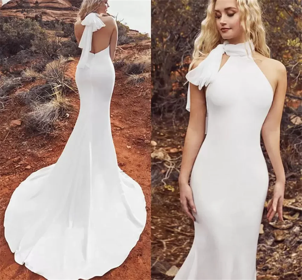 2023 New Style Sexy Charming Mermaid Wedding Dresses with Bow Scarf Simple Satin Halter Neck Backless Bride Gowns Summer