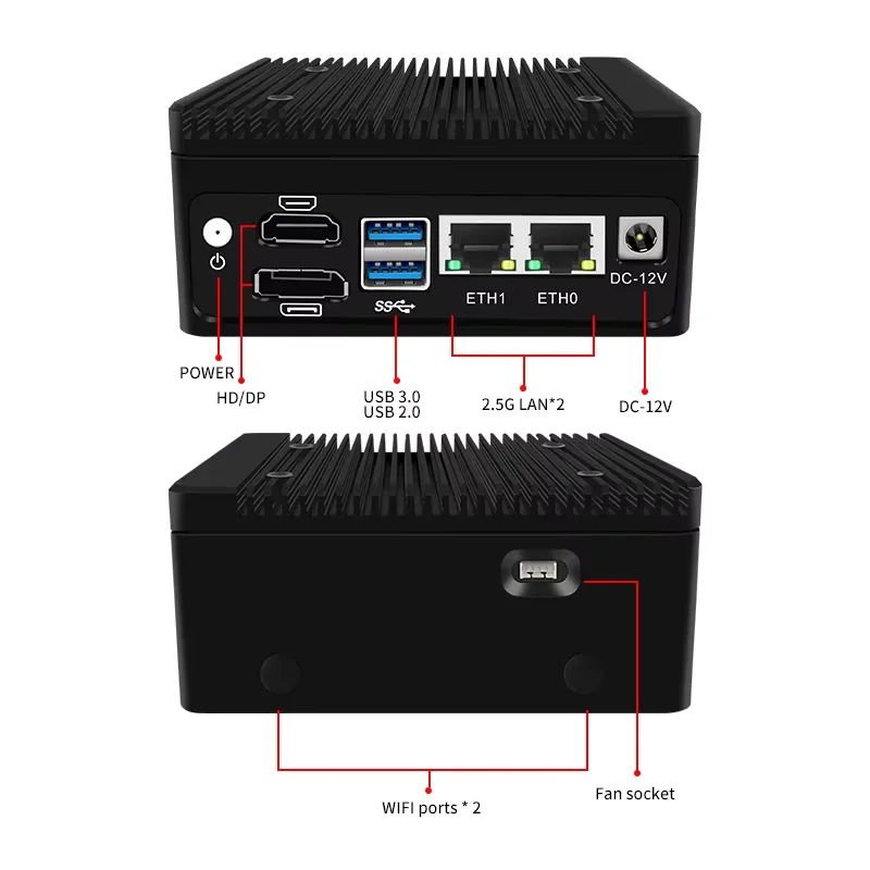 Partaker Mini PC sin ventilador 4 * i226-V 2,5G LAN 12. a generación Alder Lake N100 Firewall Router DDR5 NVME SSD DP HDMI OPNsense pfSense