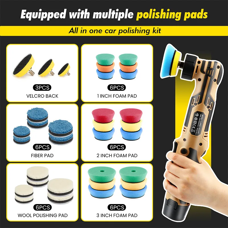 SinoStar Cordless Mini Car Polisher 110-240V 12V Micro Cordless Scratches Killer DA/RO Car Polisher 6 Speed 1/2/3inch 30 Pads