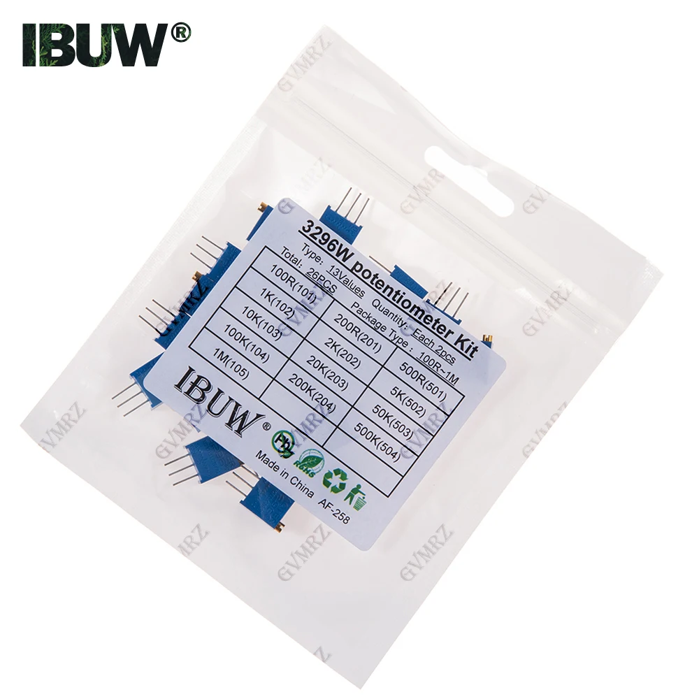 26PCS 13Values 3296W Potentiometer Kit (100R-1MΩ) for Precision Electronic Equipment Tuning & Circuit Prototyping