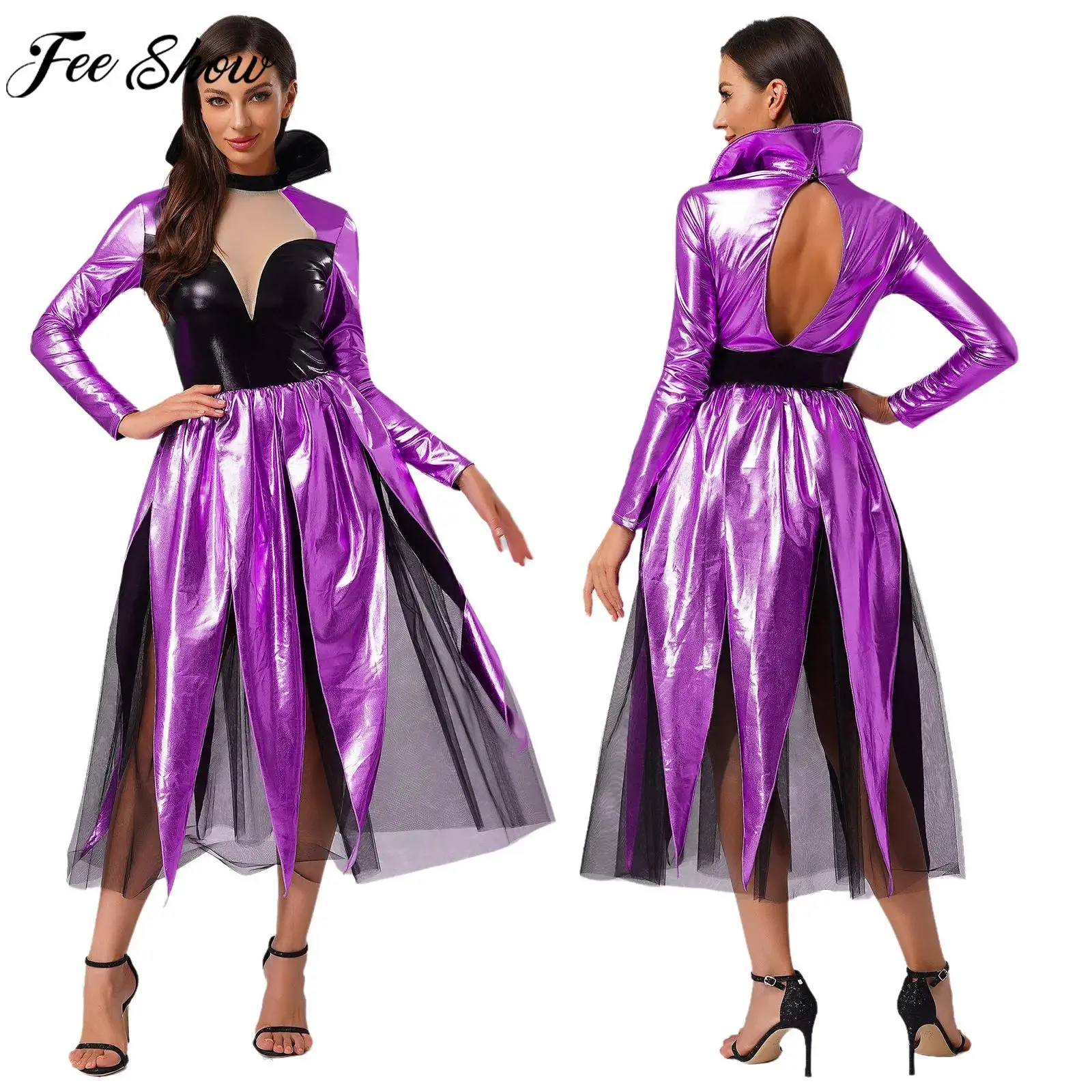 

Women Halloween Carnival Fancy Party Mermaid Octopus Sea Witch Cosplay Costume Long Sleeve Metallic Shiny Mesh Leotard Dress