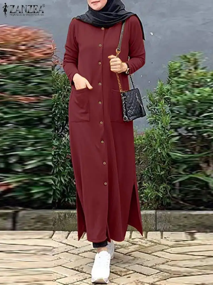 

ZANZEA Ramadan Abaya Muslim Fashion Hijab Dress Long Sleeve Buttons Party Sundress Abayas For Women Oversize Robe Isamic Vestido