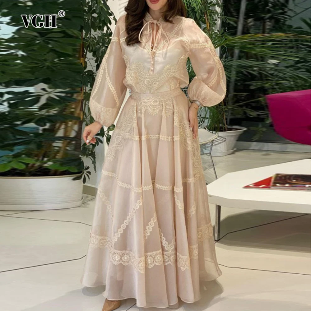 

VGH Spliced Lace Up Princess Dresses for Women Stand Collar Lantern Sleeves Sheer Mesh Long Dress with Sling Female Clothing New