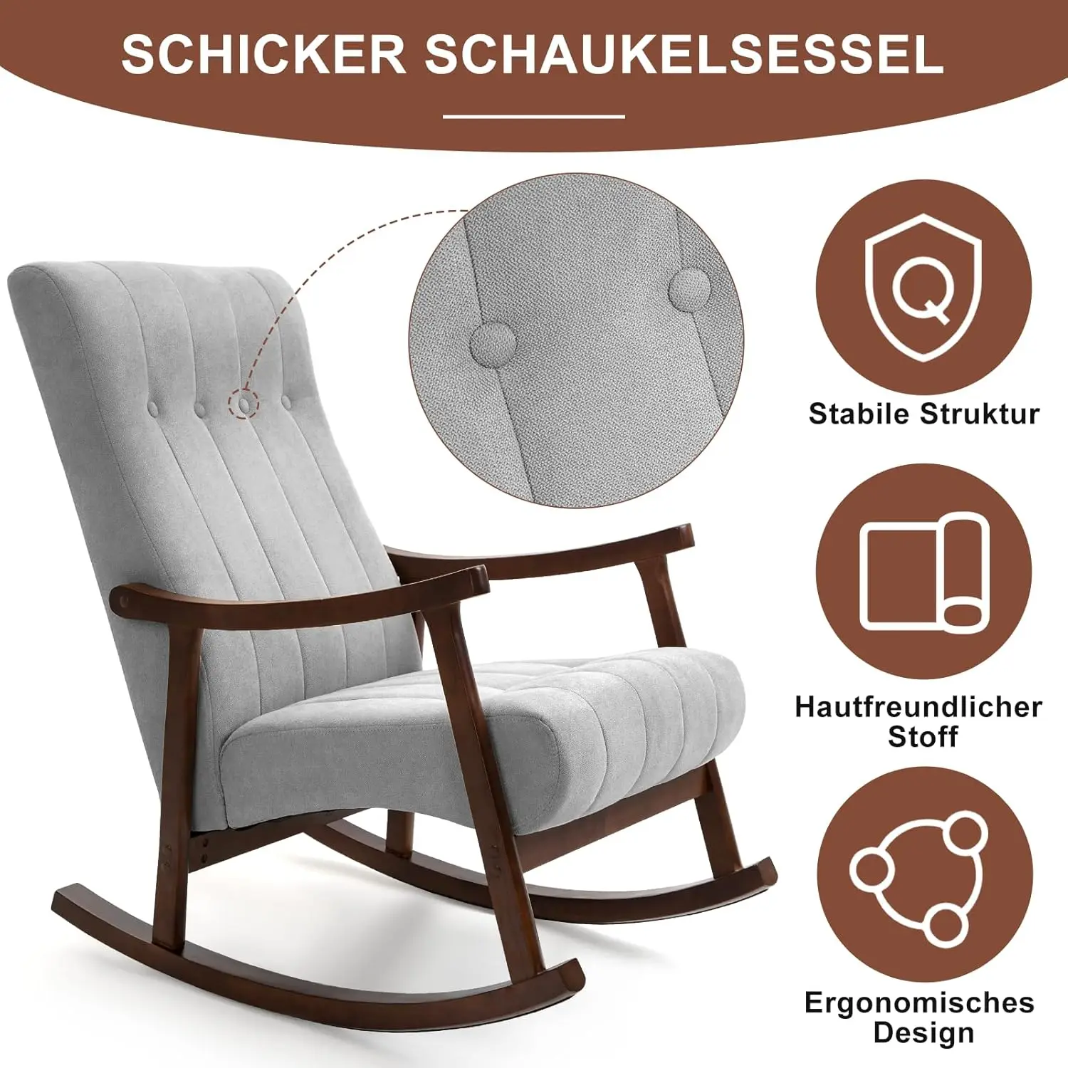 كرسي مع مقعد مبطن بالقماش، خشب متين مريح لغرفة المعيشة، كرسي بذراعين حديث عالي الظهر للبالغين، رمادي فاتح