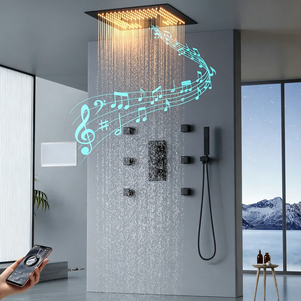 

400X400mm LED Shower Head with Bluetooth Music 4-Function Thermostatic Shower System Matte Black Luxury Bathroom Rain Shower Set