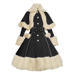Vestido de princesa monocromático feminino, gola de pele, manga trompete, xale grande, vestidos estilo Lolita retrô, outono e inverno 6 principais vendas vestidos de pelos - №6