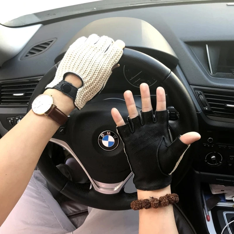 Autumn Winter Men\'s Wool Knitted Goatskin Gloves Locomotive mitten Car Driving Motorcycle Genuine Men Leather Gloves