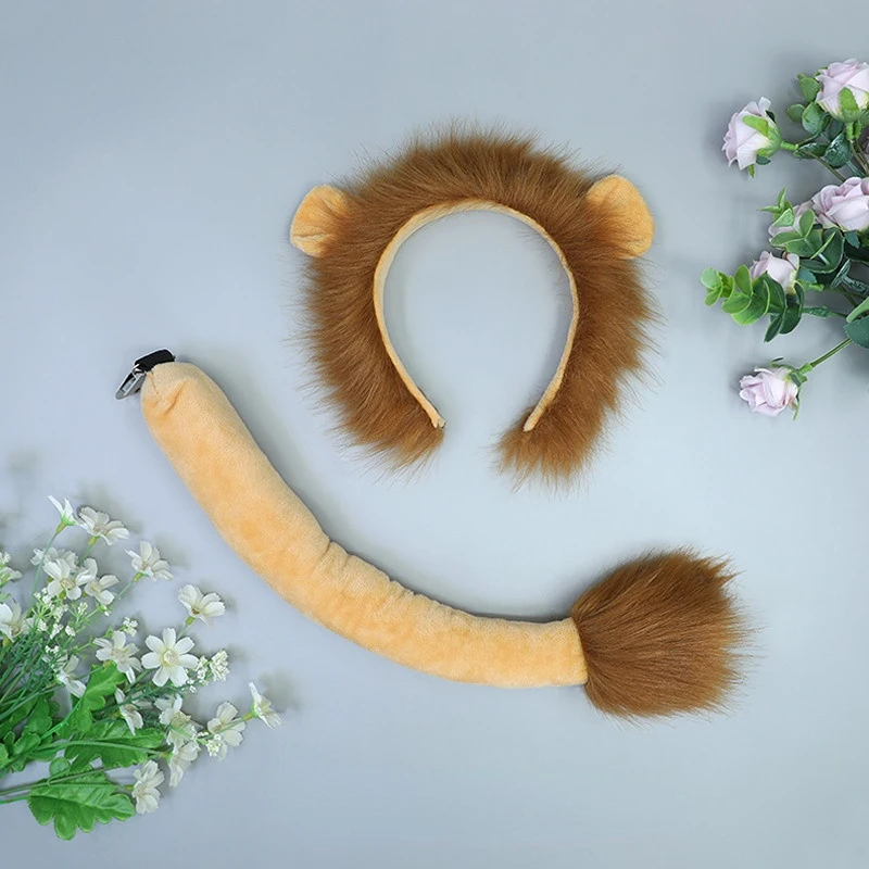 Men Boys Women Children Girls Simulated Zoo Lion Headband Ear and Tail   Props Accessories Halloween Costume Cosplay