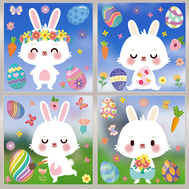 9pc Kawaii Ostern Eier Kaninchen Wand Sticker Shop Fenster Glas Layout Elektrostatische Dekoration Aufkleber Feuchtigkeit-beweis Anti Fouling