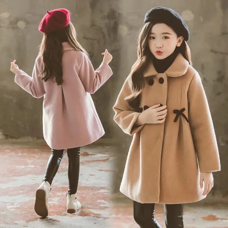 3-12 Years Girls Wool Coat Autumn Winter New Korean Version Fashion Long Kids Jacket Double Breasted Children Outerwear Clothing