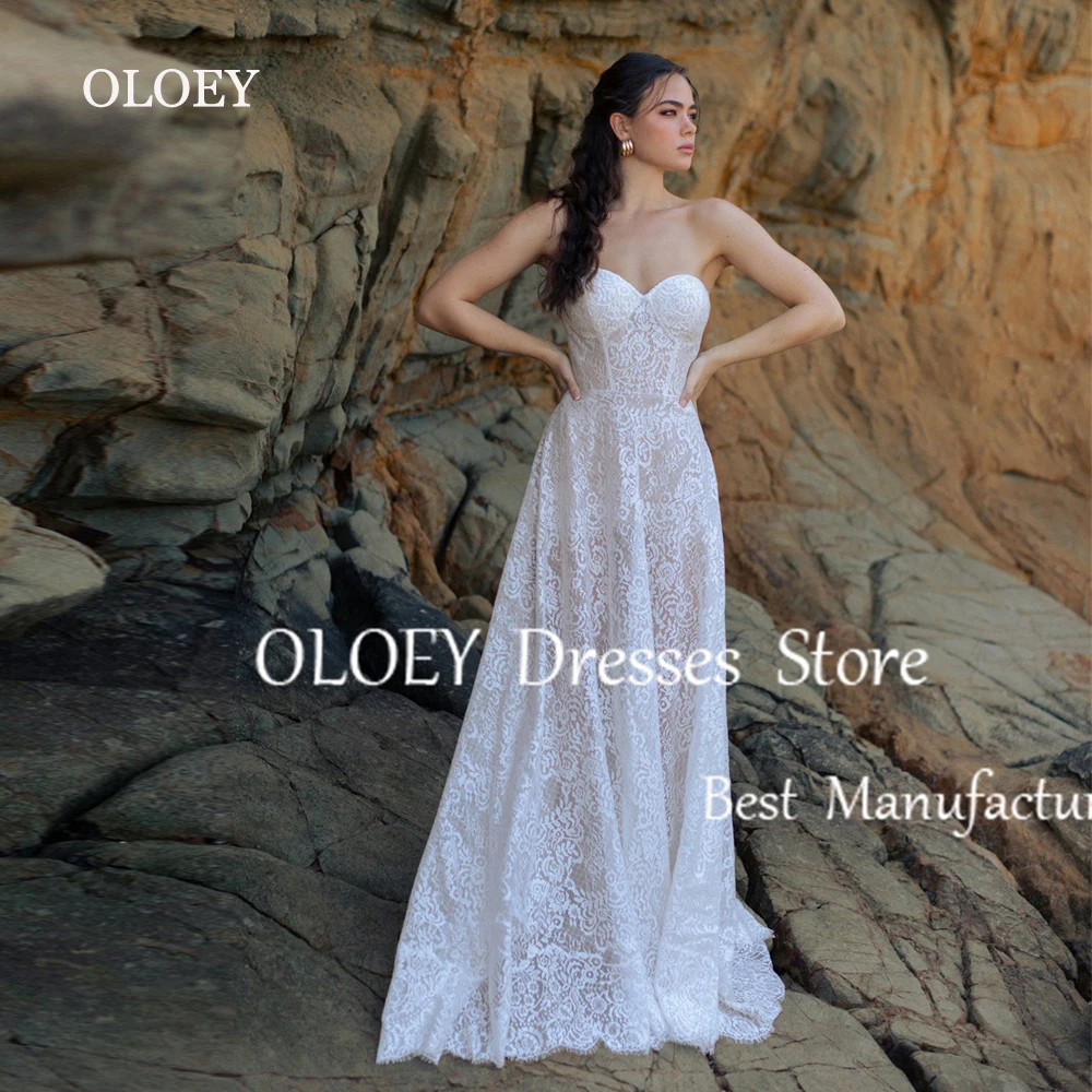 OLOEY Sweetheart Ivory A Line Lace Wedding Dress With Detachable Sleeves Outdoor Photoshoot Bridal Gown Floor Length Custom Made