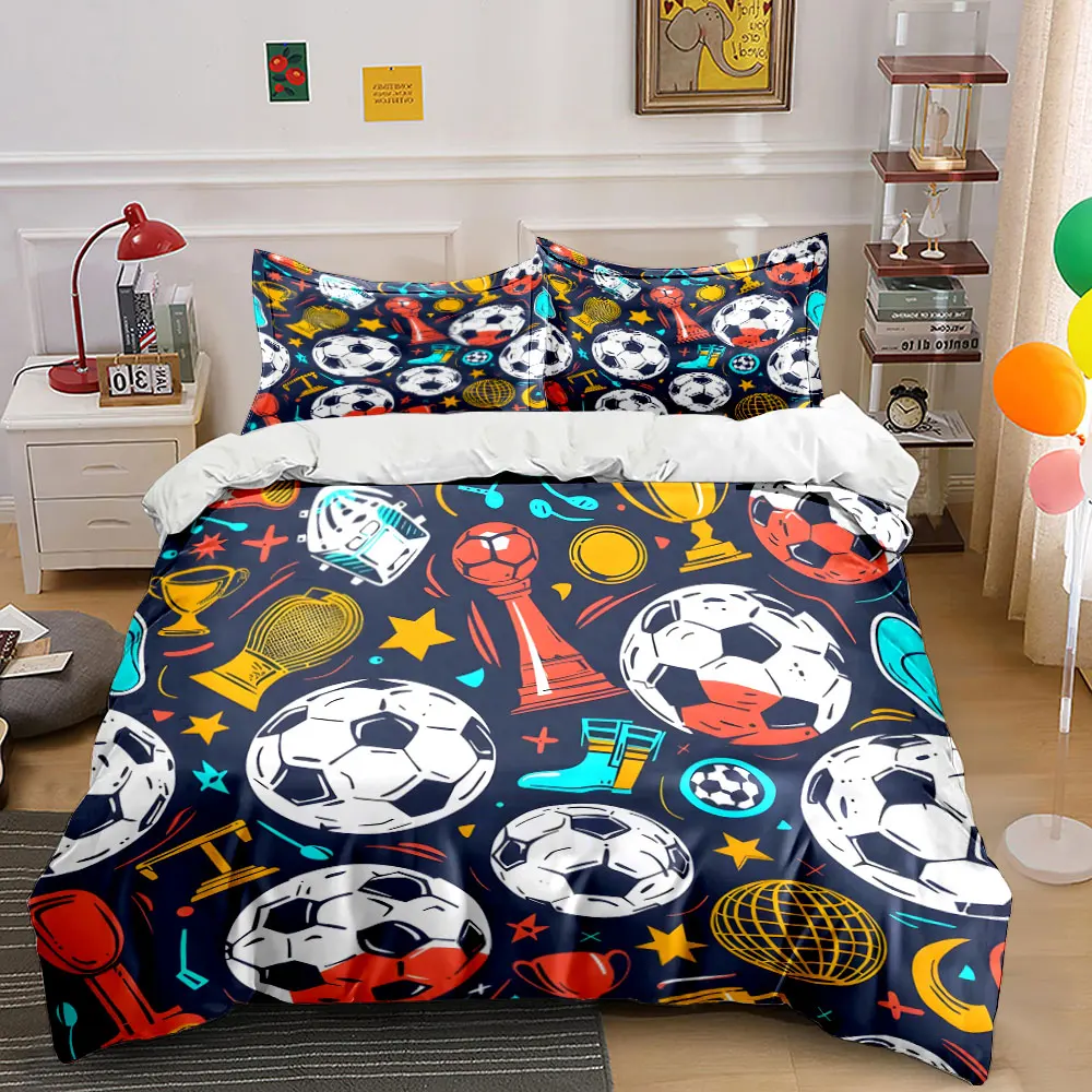 Fun Soccer and Trophy Patterns Printed Duvet Cover Set 1 Duvet Cover+2 Pillowcase Multi Size Bedroom Bedding Decoration