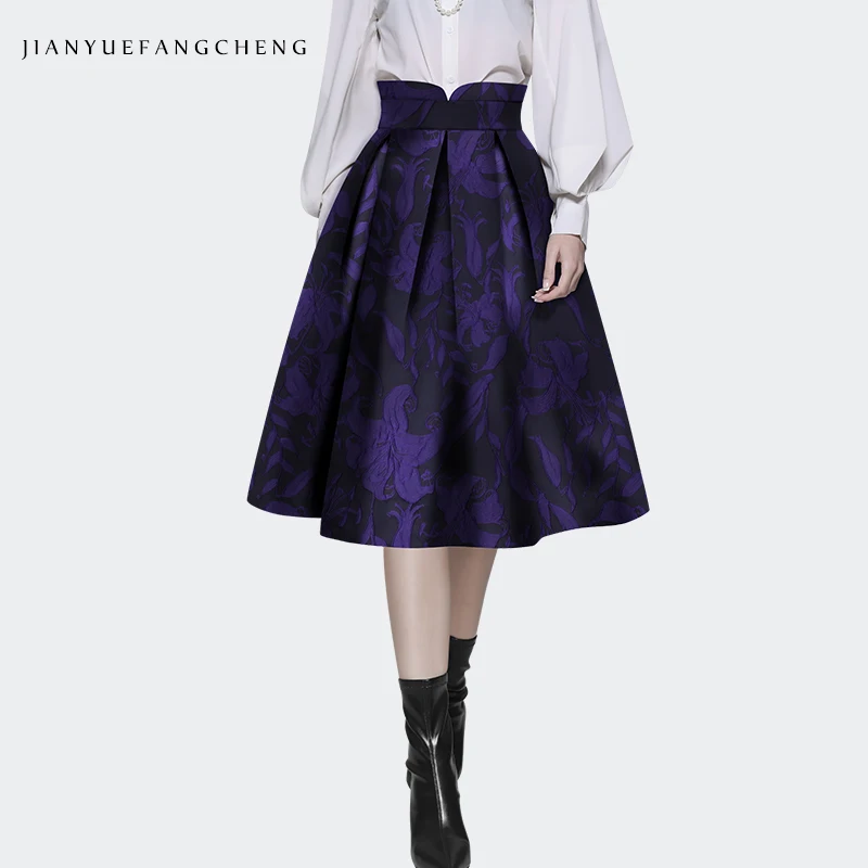 

Vintage Jacquard Purple Floral Skirt Women' High Waist A-line Pleated Big Swing Flowing Tutu Skirts With Belt 2024 Spring New