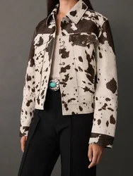 Chic Zipper Spotted Print Short Jacket Women Lapel Button Casual Slim Denim Coats 2024 New Autumn Lady High Street Outerwear