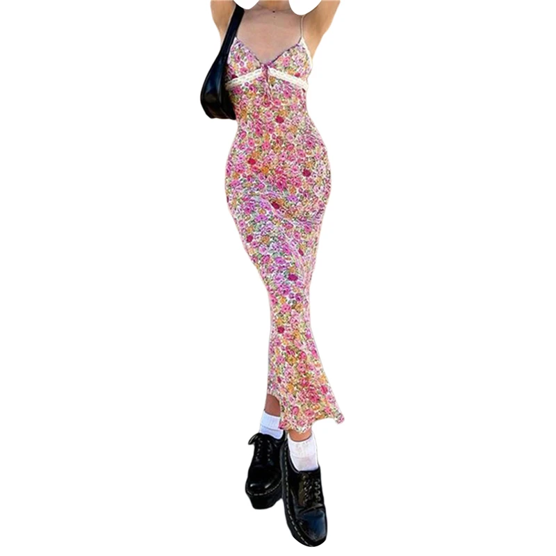 Vestido de noche largo con estampado Floral para mujer, con tirantes finos traje Sexy, sin mangas, ajustado, 2024