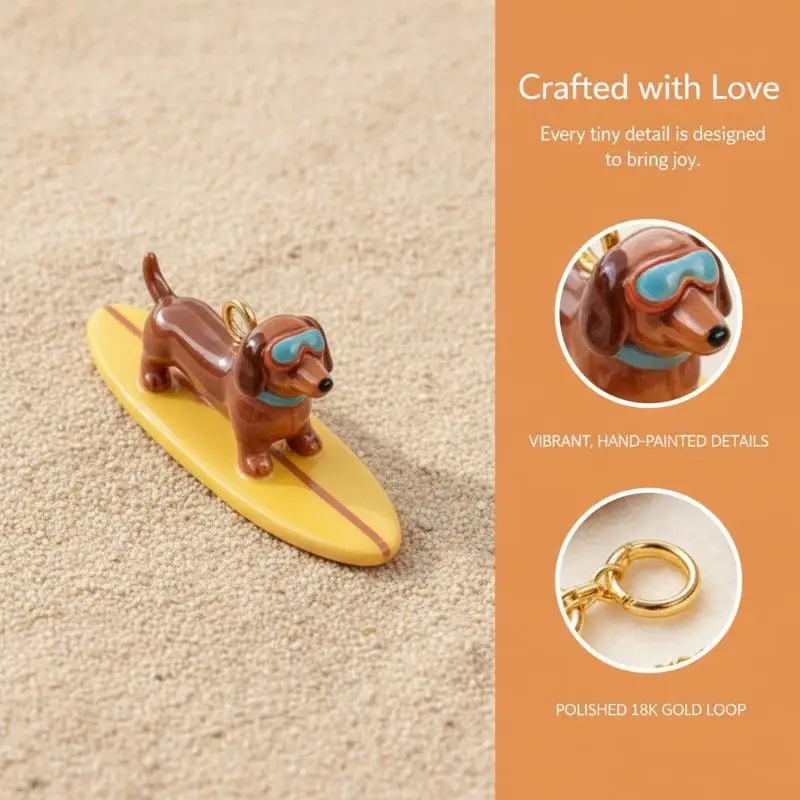 Beach Surfing Dog Pendant Golden Dachshund Corgi Charm Handmade DIY Jewelry for Bag Purse Decor Charm Accessories