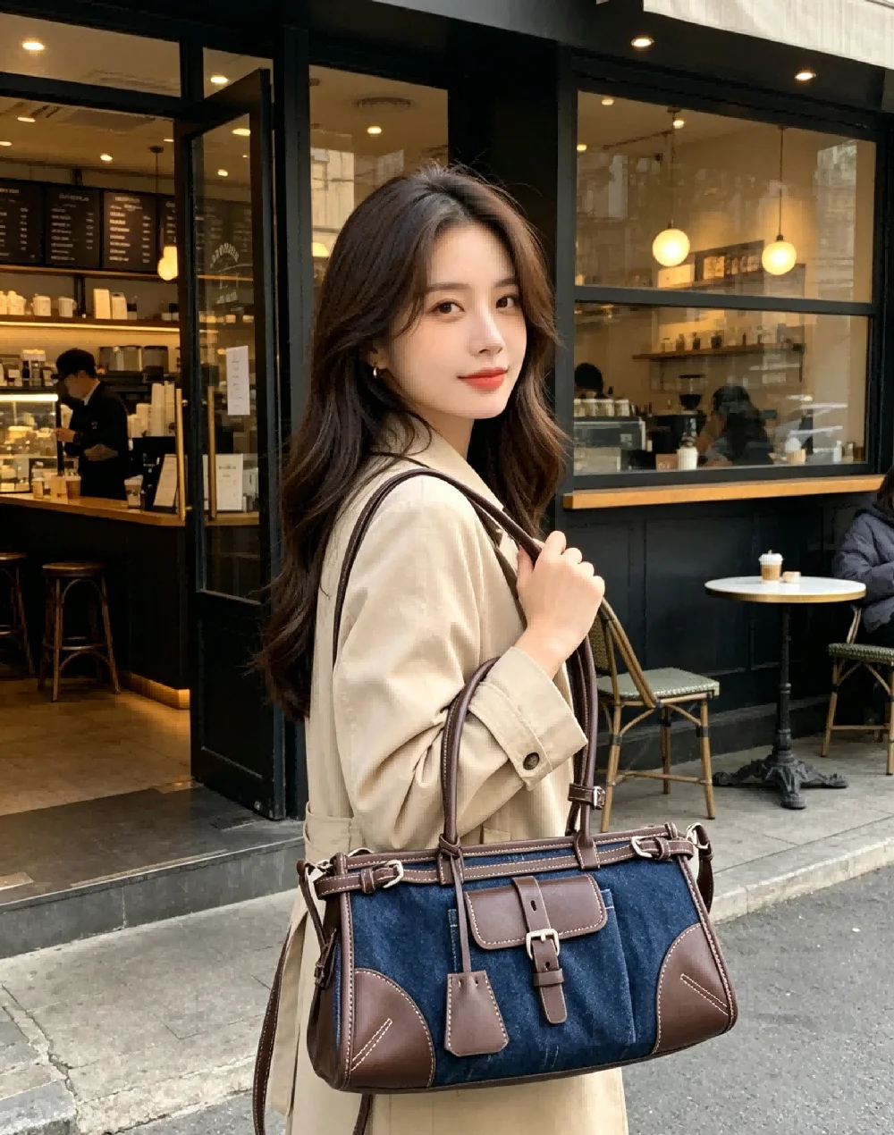 

Women Blue and Pink Tassel Shoulder Bag, Unique Casual Handbag for Street Style and Everyday Wear