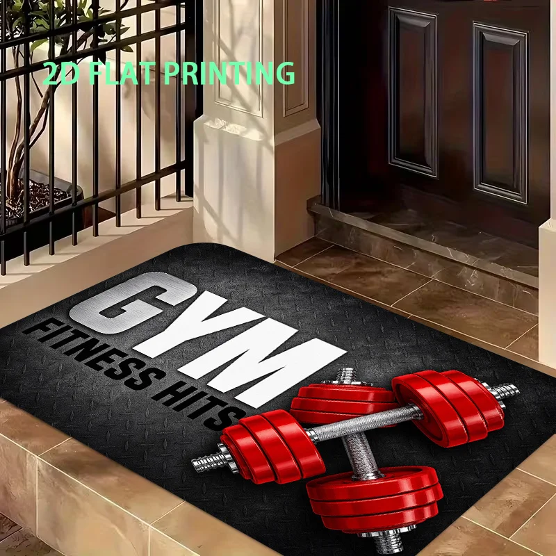Gym Fitness Dumbbell Doormat, Red Weight Lifting Rug, Home Workout Floor Mat, Non-Slip Entryway Carpet, Sports Man Cave Decor