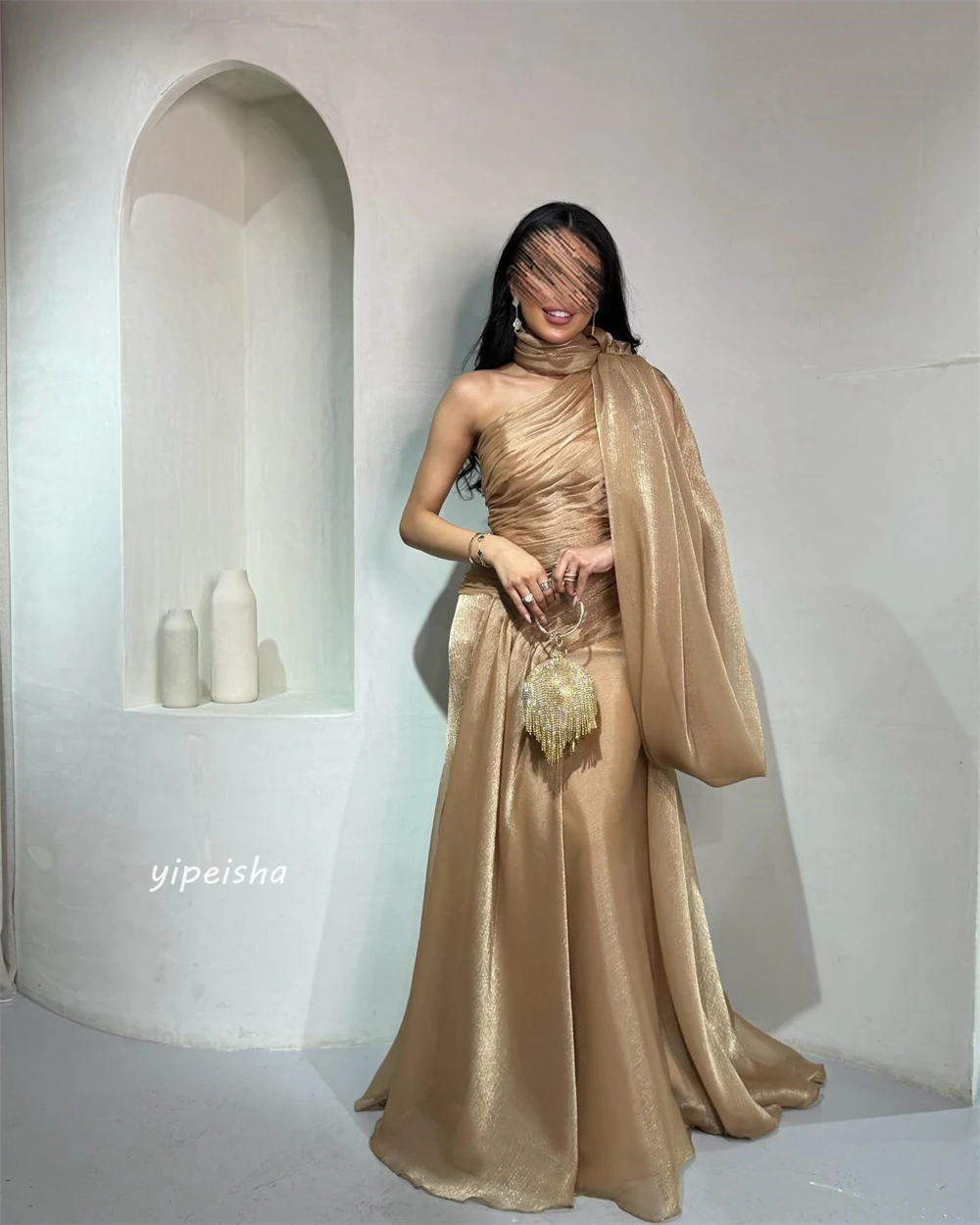 Customized  Organza Draped Pleat Formal Evening A-line High Collar Bespoke Occasion Gown Long Dresses Saudi Arabia