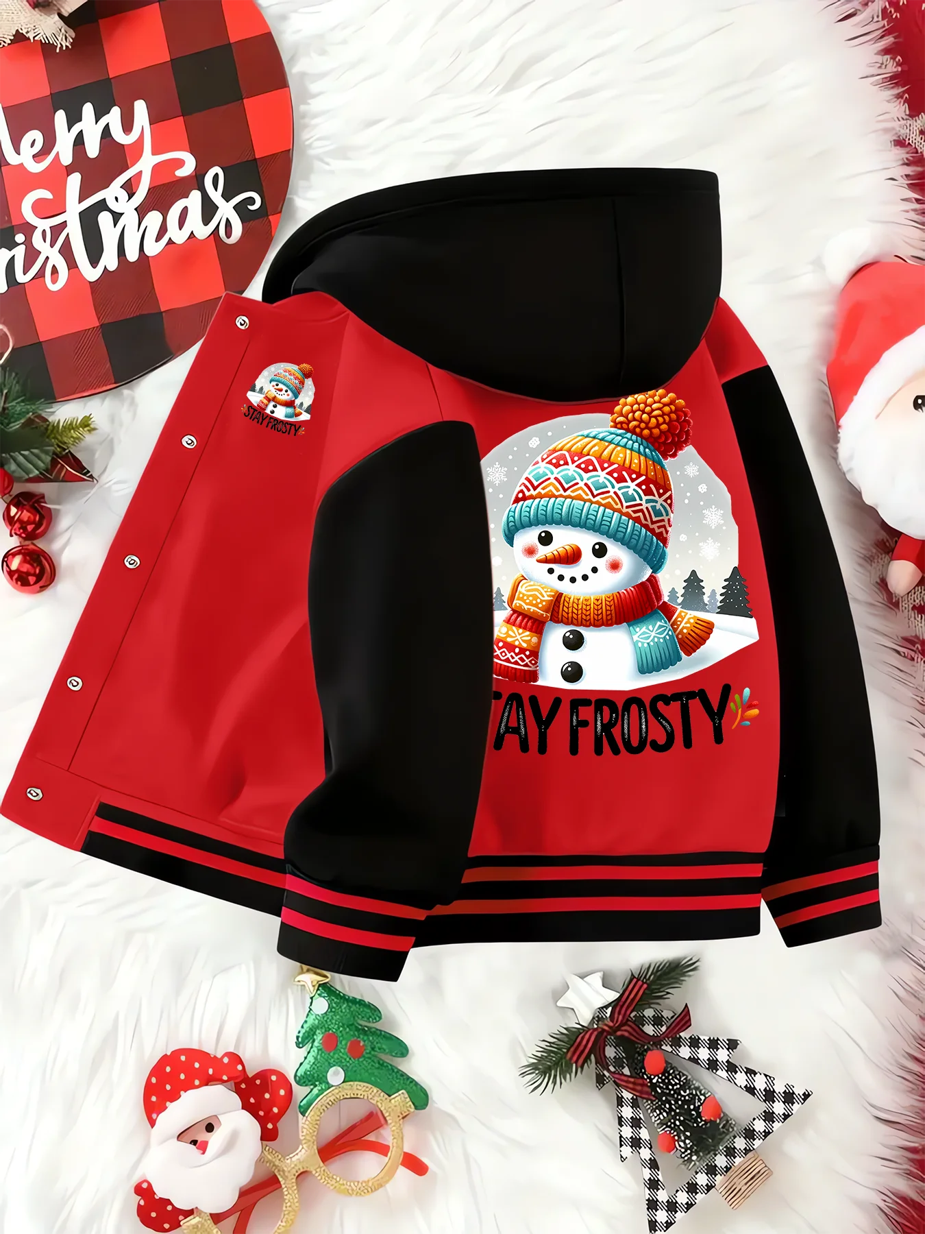 Giacca da baseball con cappuccio rossa con motivo stampato pupazzo di neve per bambini casual e alla moda autunno e inverno