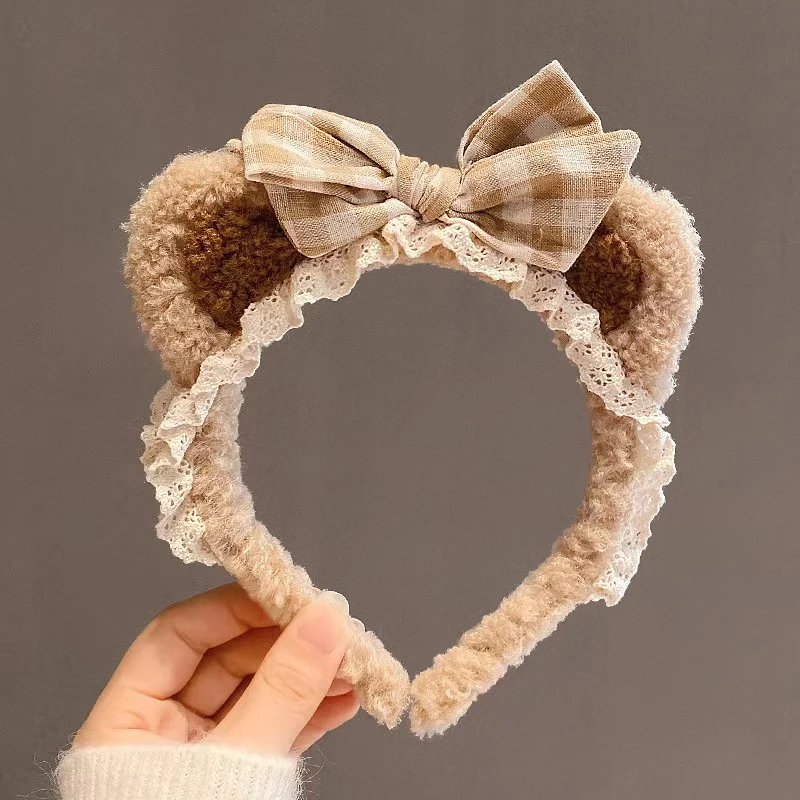 Bandeaux de cheveux en peluche pour femmes, nœud en dentelle, oreilles d'ours, bandes de sauna pour enfants, bandes de cheveux douces et mignonnes, accessoires de mode