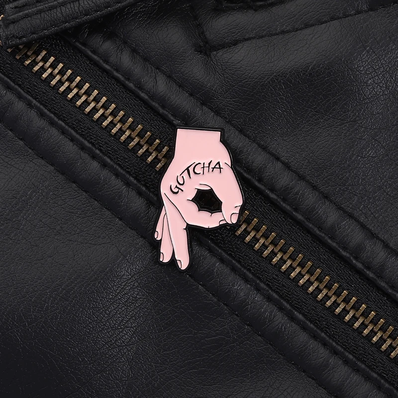 Funny Gesture Pin GOTCHA Text Hand Sign Design Playful Prank Novelty Brooch for Bag Jacket Backpack Decoration