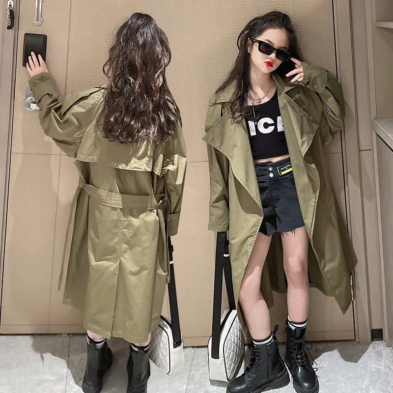 

4-14Y Teen Girls Long Trench Coats New Fashion Trench Coat Long Sleeve Loose Jacket for Girls