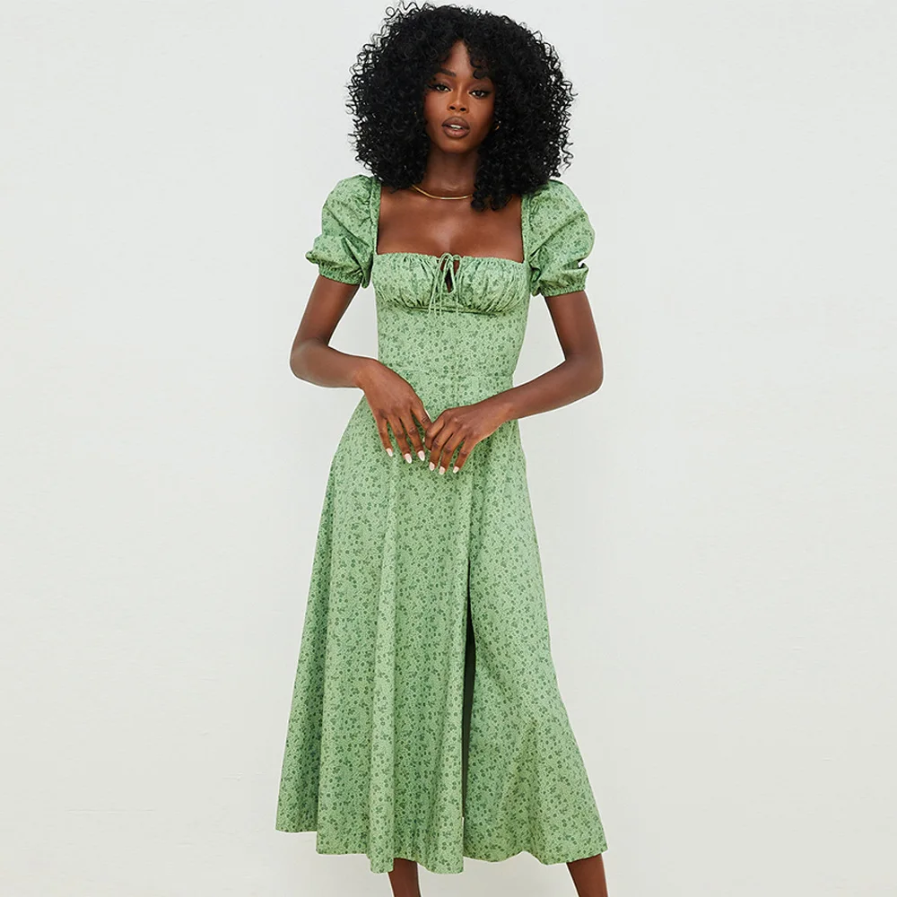 Dr Long imprimé Floral Sexy avec Bubble Sves et bandoulière à fente haute pour femmes, col carré tricoté en Fiber de Polyester