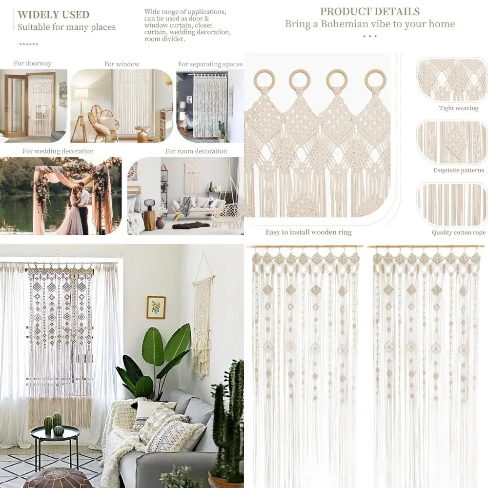 

Large Bohemian Macrame Curtains, 79 x 35 - 2 Panel Room Divider for Living Spaces & Weddings