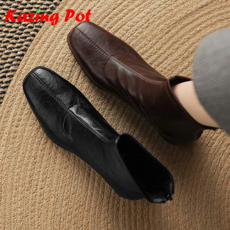 Krazing Pot Microfiber Square Toe Med Heels Zipper Chelsea Boots Pleated Design Keep Warm Winter Shoes Concise Style Ankle Boots