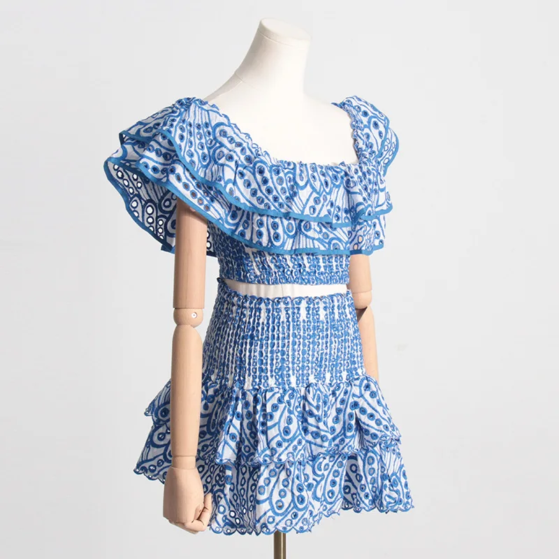 Temperament French Skirt Two Piece Set Women Sexy Hollow Out Ruffle Cropped Top High Waist A-line Mini Skirts 2 Piece Sets Trend