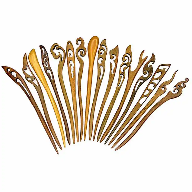 10PCS Hairsticks Natural Sandalwood Hand Carved Hairpins for Lady Many Designs Chinese Traditional Ancient Hairware L070