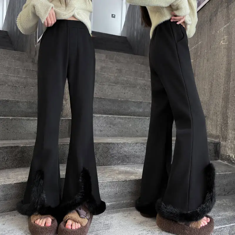 Slit Slightly Flared Suit Trousers for Girls Autumn and Winter New Fashion Black Velvet Casual Narrow Wide-leg Flared Trousers