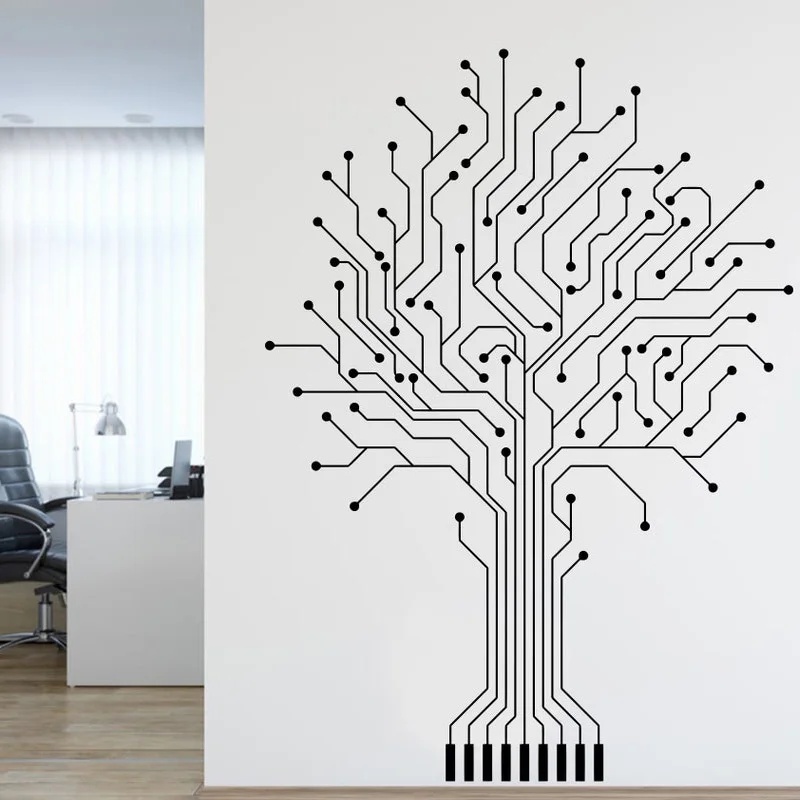 Circuit Tree Board Wall Decal, Technology Vinyl Wall Art Decals, Computer IT Decor, Software Science Wall Sticker Office E760