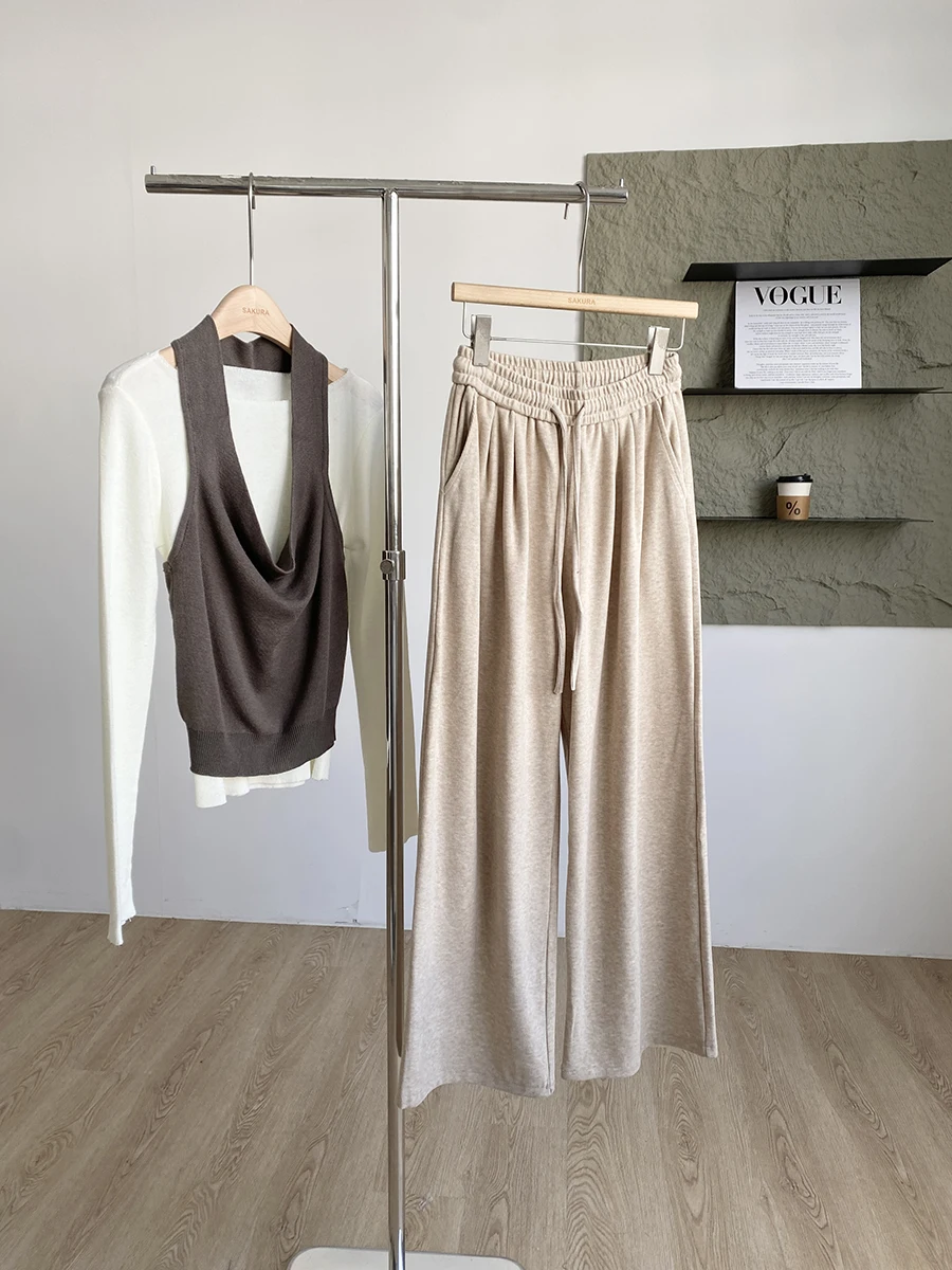 Pantaloni da donna a gamba larga in vita elastica con coulisse primavera autunno da donna Pantaloni dritti Losoe comodi a vita alta tinta unita