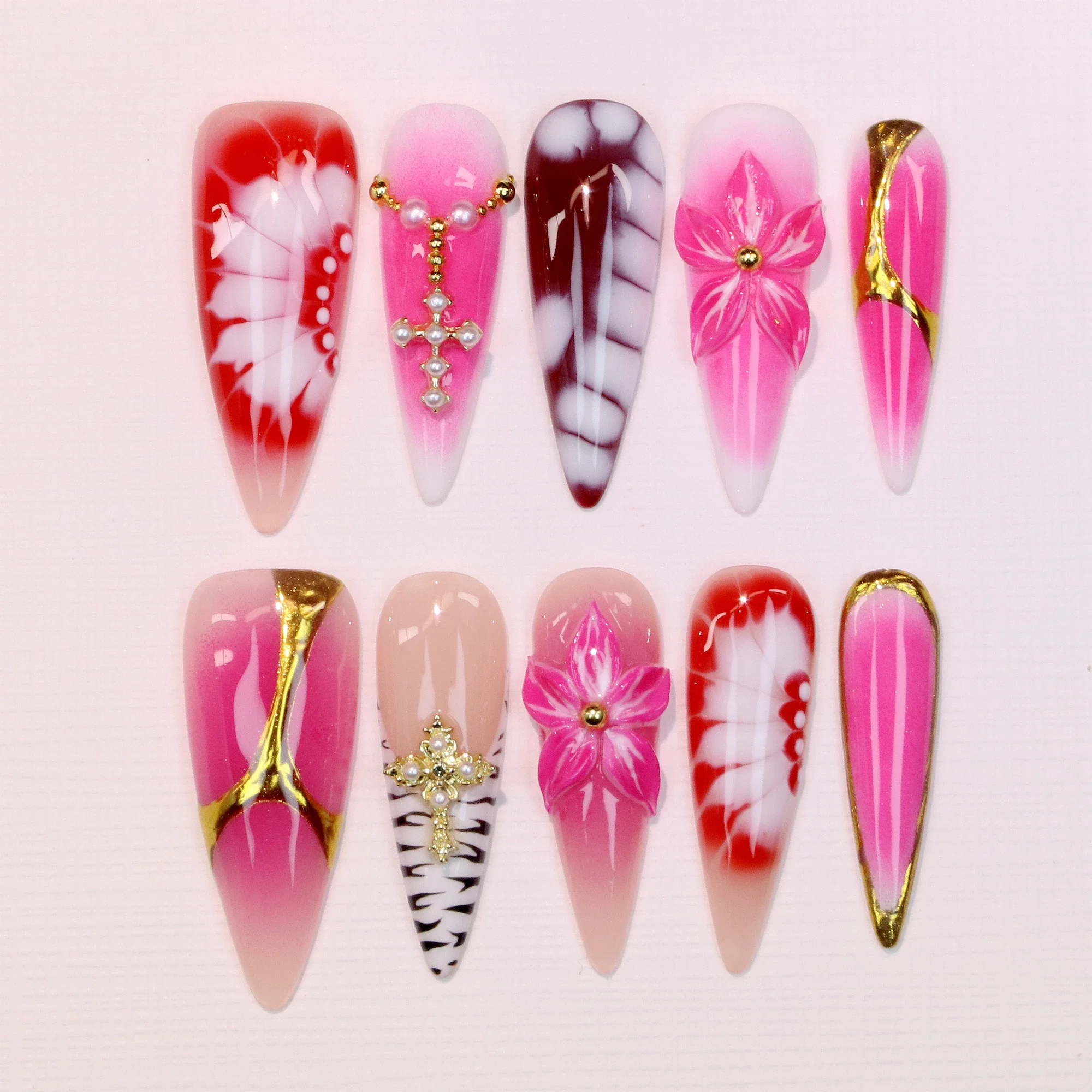 

10Pcs Y2K 3D Custom Design Luxury Long Stiletto Press On Nails,Luxury Regal Beautiful Flowers Custom Stained Press On Nails