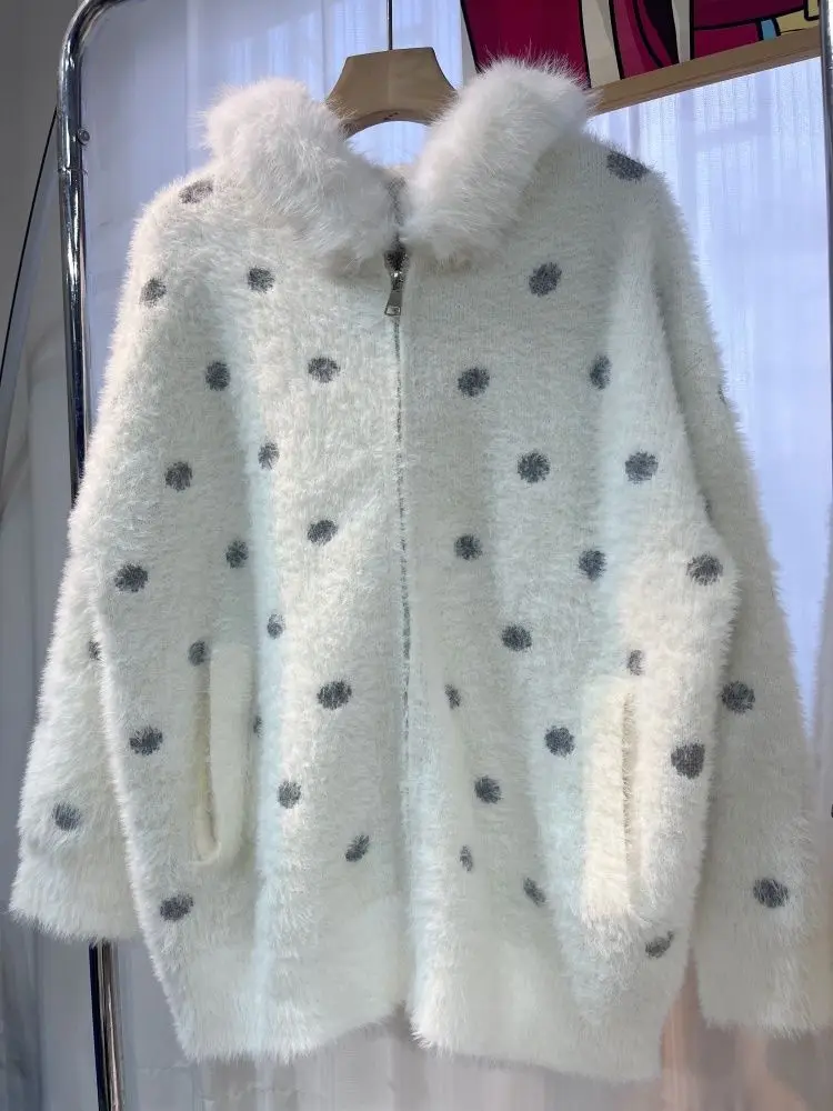 Kimutomo Women Knitted Cardigan Autumn Winter Furry Patchwork Hooded Polka Dot Outwear Loose Vintage Sweater Female Sweet