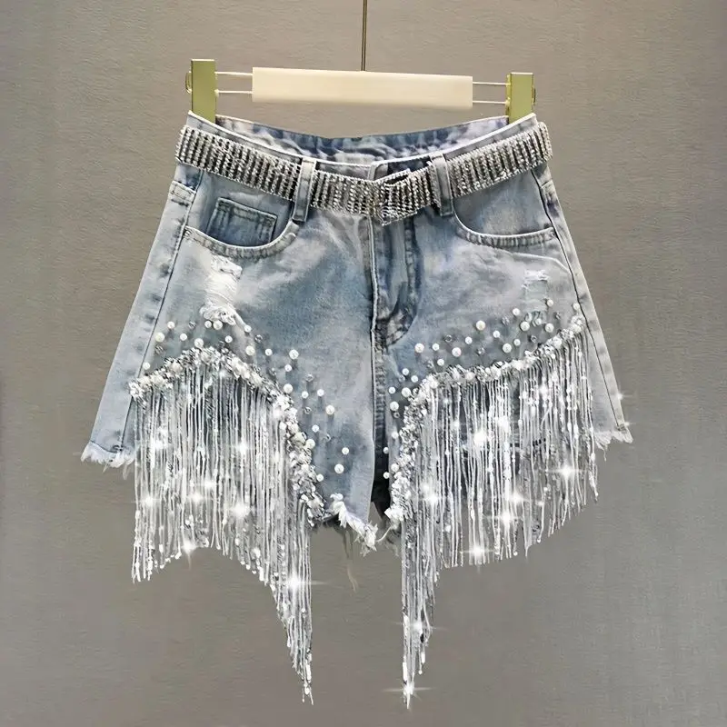 Denim Shorts Women's 2026Summer Clothes European High Waist Thin Heavy Industry Beaded Sequined Fringed Broken Copper JeansXJ125