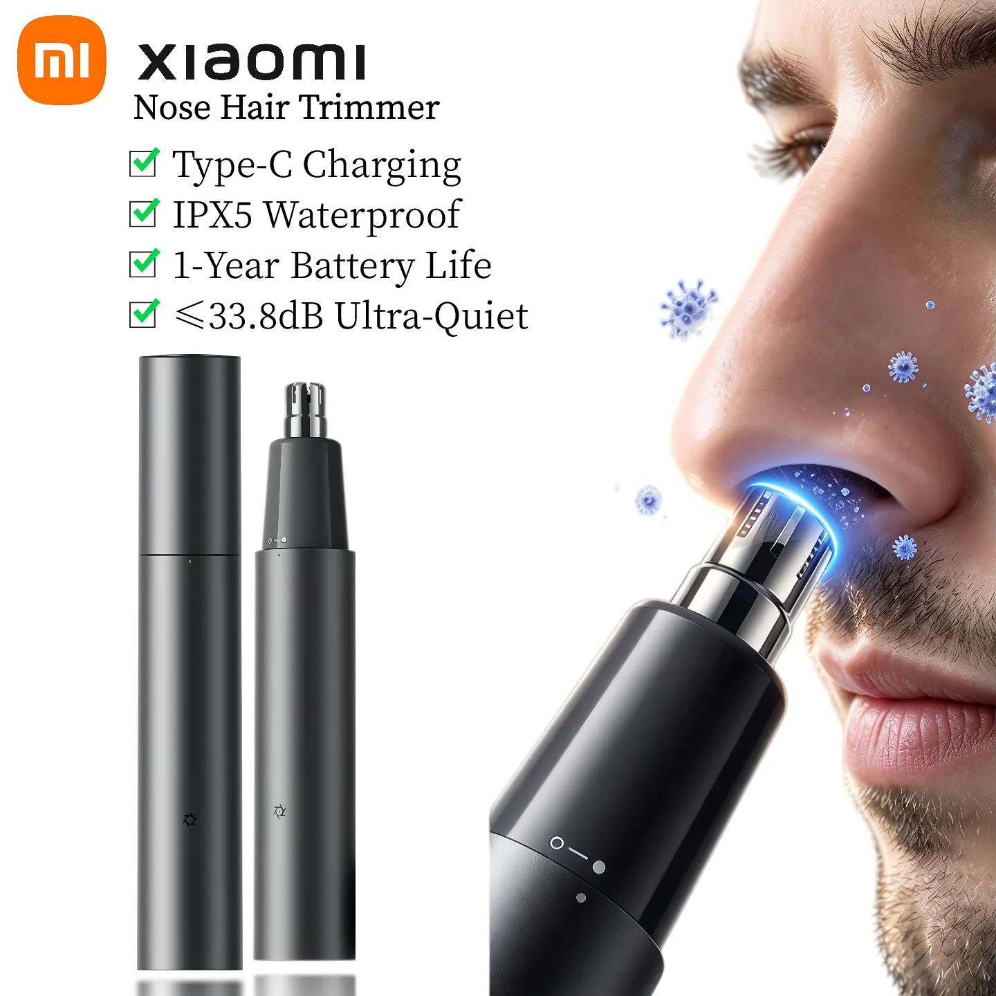 Mijia Electric Nose Hair Trimmer, Quiet Precision Trimming, Safe Antibacterial Head, Type-C, Compact Portable Grooming Tool