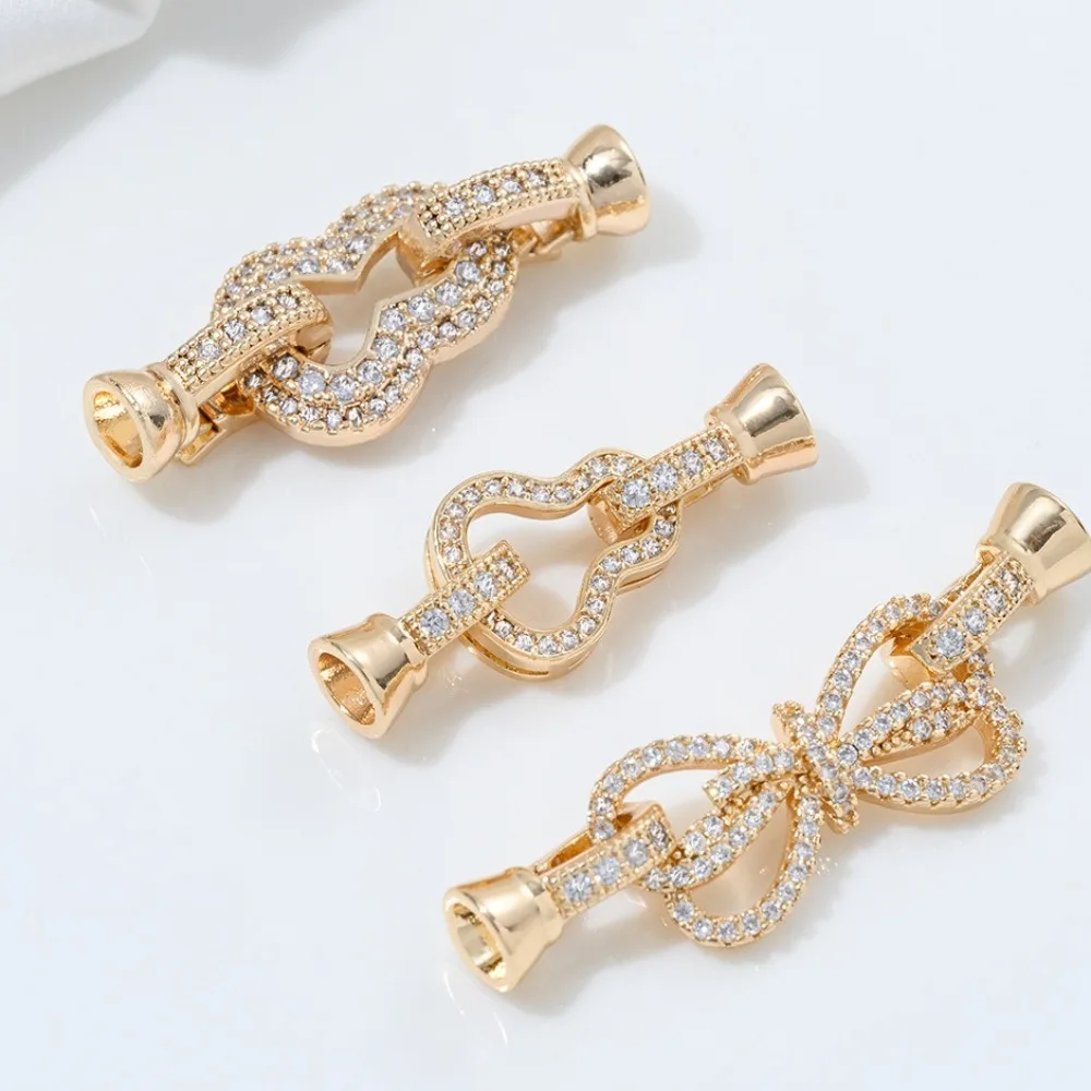 

Copper Clasps Gold Color Hollow Inlaid Zircon Bow Gourd Double Row Pearl Buckle Sweater Chain Buckle Handmade DIY Accessories