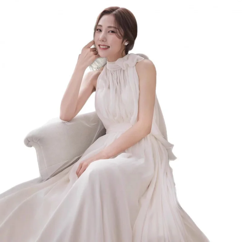 Gaun Sifon Bahu Terbuka Baru Elegan Gaun Putih Resepsi Peri Super Pernikahan Rumput Kereta Kecil Tembak Perjalanan Gaya Hutan