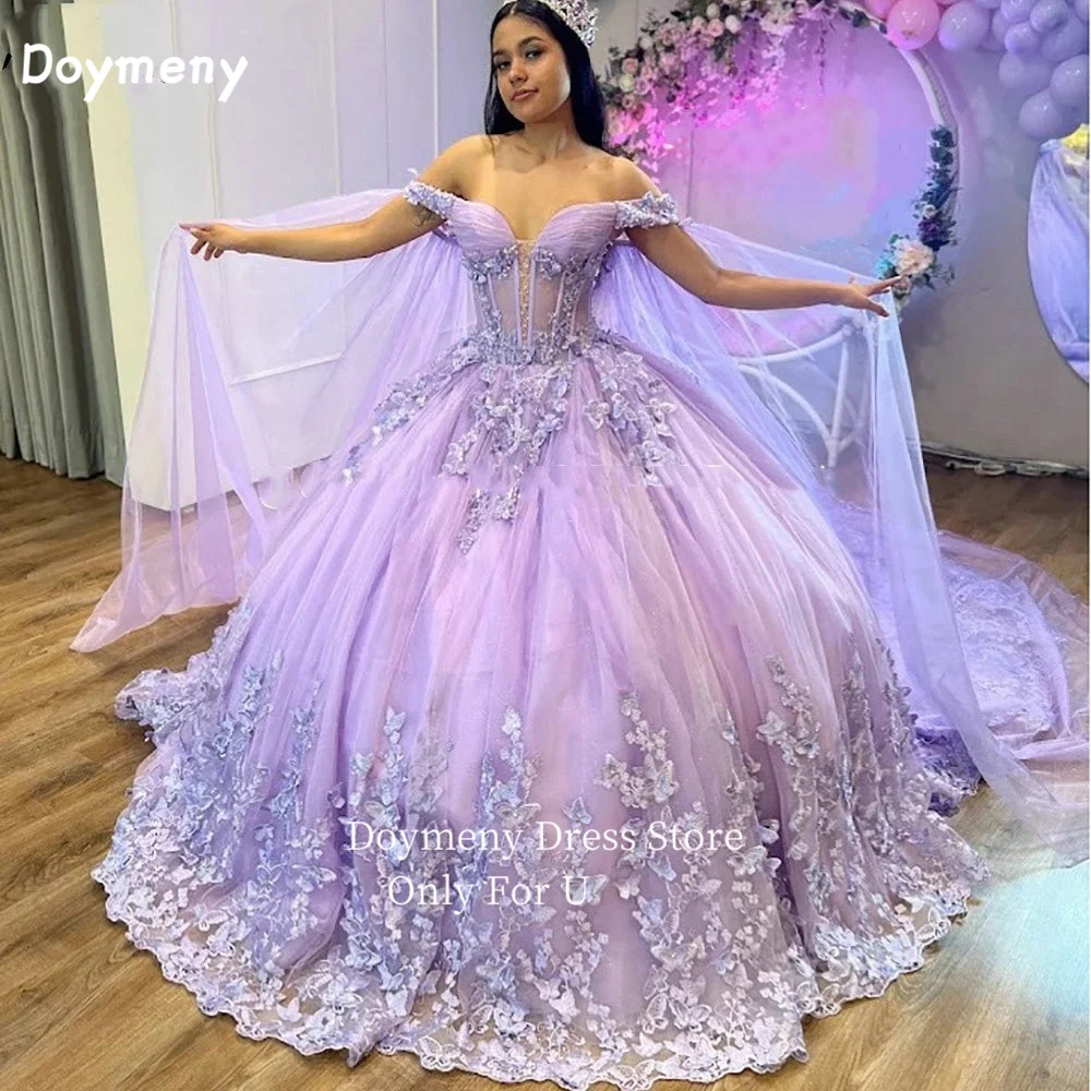 Doymeny Butterfly Quinceanera Dress Cape Off Shoulder Sweep Train Sleeveless Sweet 16 Vestido 15 Anos Festa Dress