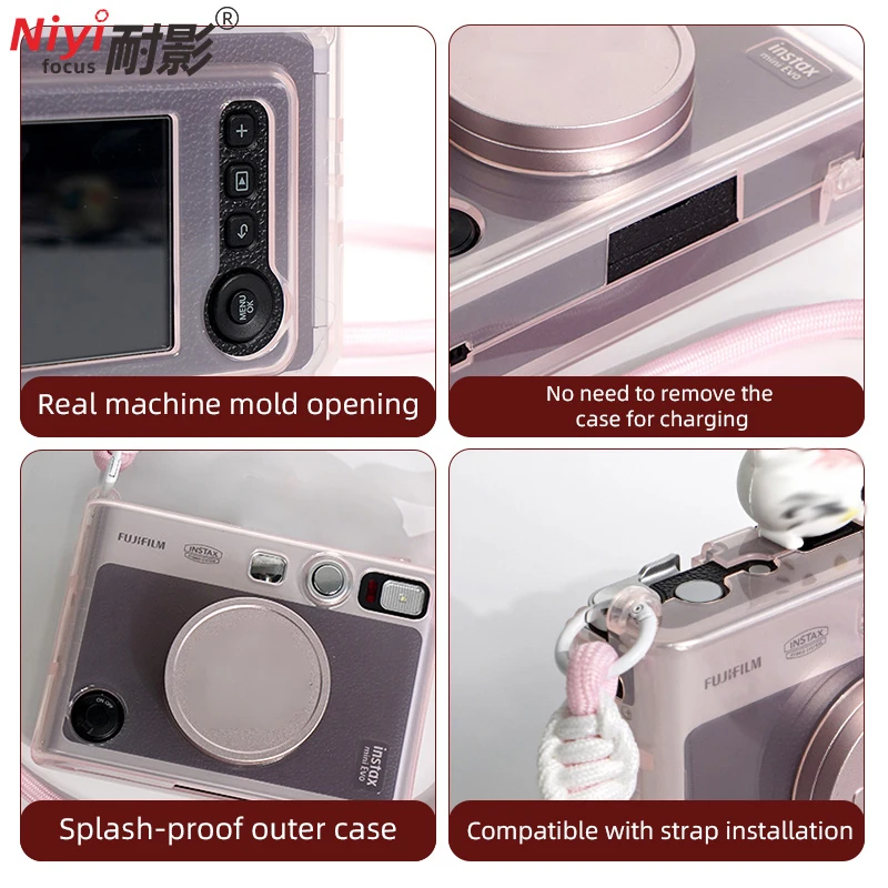 Przezroczysty zestaw etui ochronnych do Fujifilm Instax Mini Evo, przezroczysta osłona z PVC z regulowanym plecionym paskiem na ramię, akcesoria. — zdjęcie produktu 4
