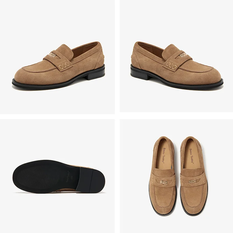 BEAUTODAY Penny Loafers Women Cow Suede Leather Flats Vintage Metal Cion Decor Sewing Female Casual Shoes 26189