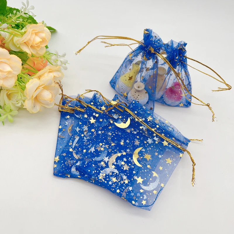 1000pcs Royal Blue Organza Gift Bags Moon Star Gift Bag Wedding Packaging Jewelry Storage Bags Small Sachet Bag Drawstring Pouch