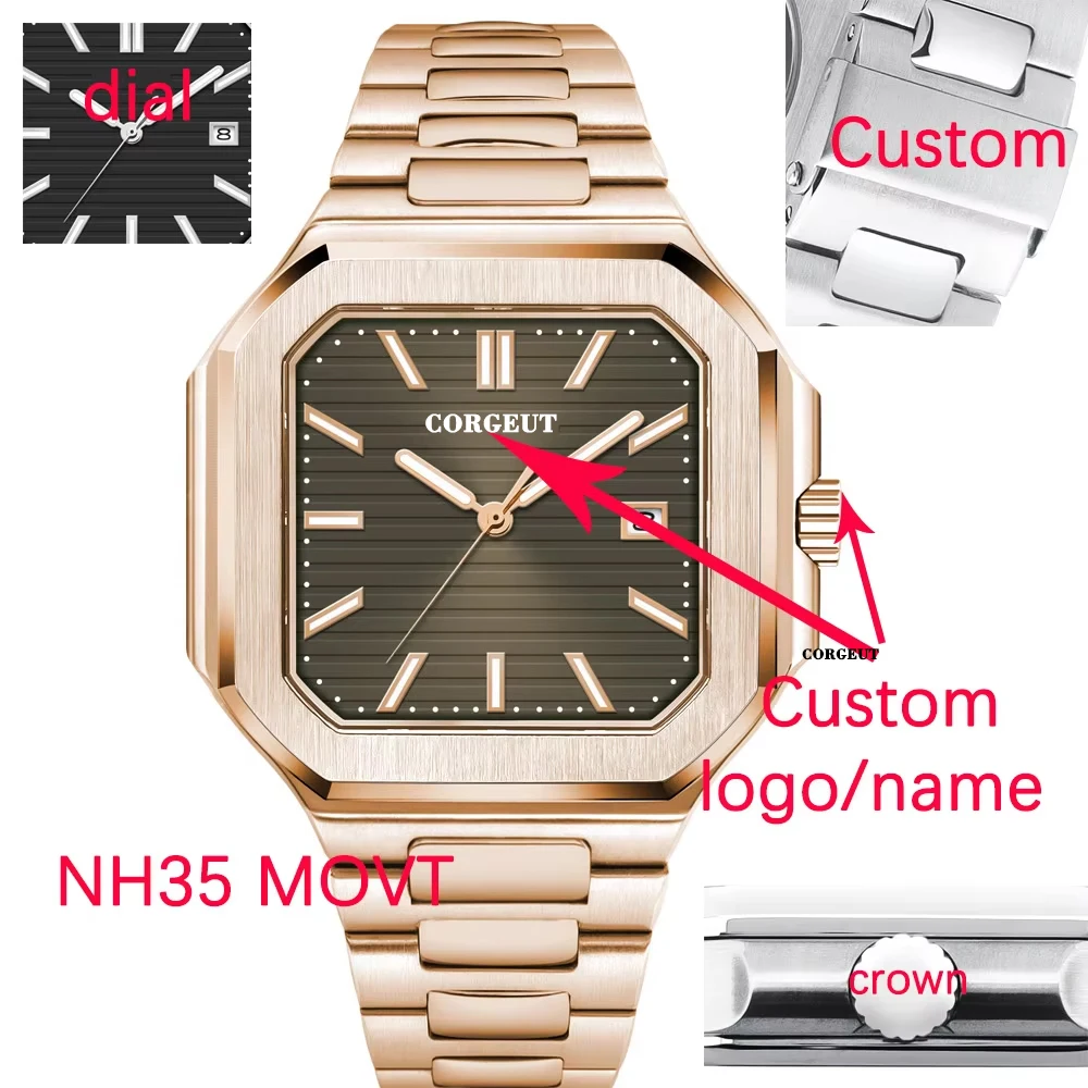 

Corgeut 44 мм квадратный куб мужские часы NH35 MIYOTA механические роскошные часы розовое золото нержавеющая сталь с сапфировым стеклом водонепроницаемые