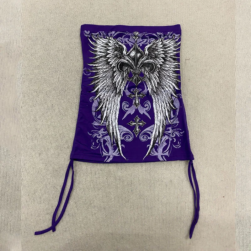 Sexy Purple Drawstring Slim Casual Tops 2000s Aesthetic Fashion Personality Gothic Wings Print Tube Off Shoulder Spice Girl Vest