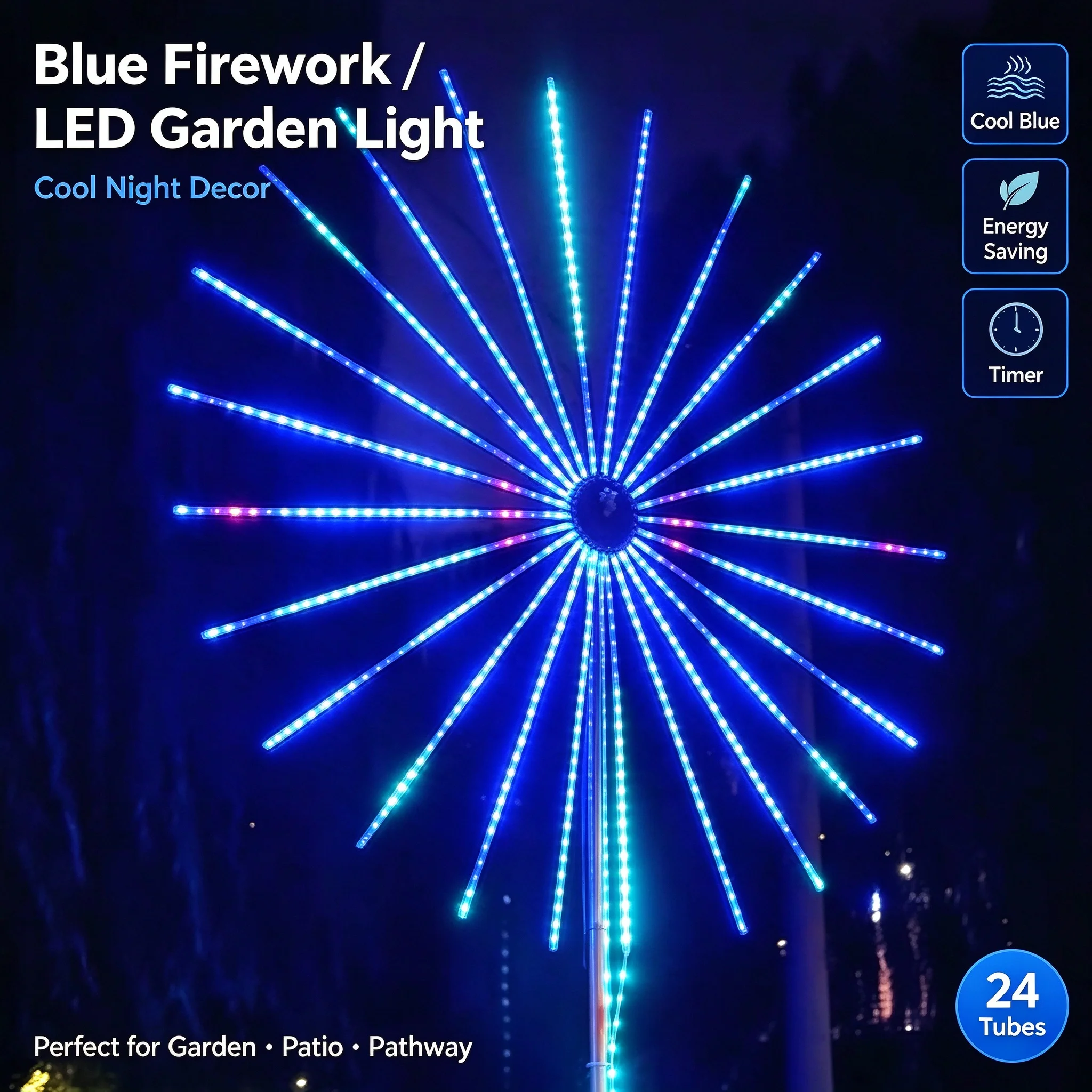 RGB Firework Lights, Sound Activated, Waterproof, Dual Speakers, Dimmable, APP Control, Courtyard Evening