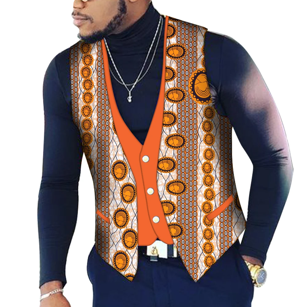 

Custom Mens Top Clothing Bazin Riche Patchwork Print Top Vest 100% Cotton Dashiki Traditional African Clothing WYN107