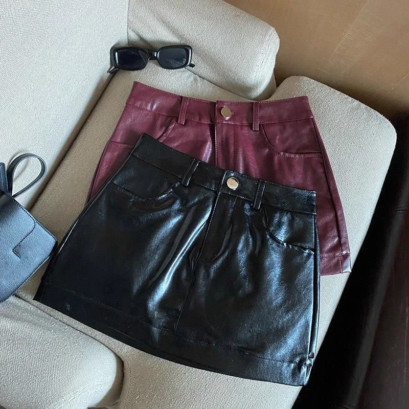 Sexy PU-Leder Minirock für Damen, Koreanische Mode, Hohe Taille, Schlanker A-Linien-Rock, Eleganter Hüftbetonter Party-Kurzrock, Neu